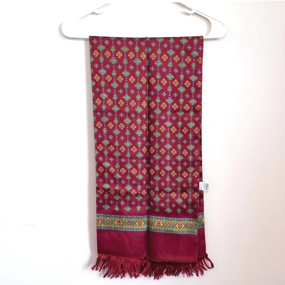 Vintage Pearl Hand Printed Silk Scarf Burgundy Red Vessel Print Fringe One Size